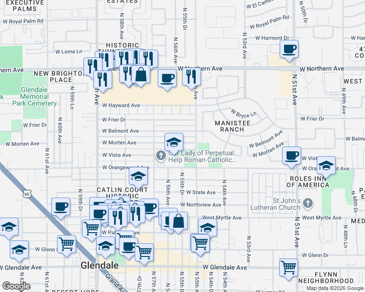 map of restaurants, bars, coffee shops, grocery stores, and more near 5535 West Morten Avenue in Glendale