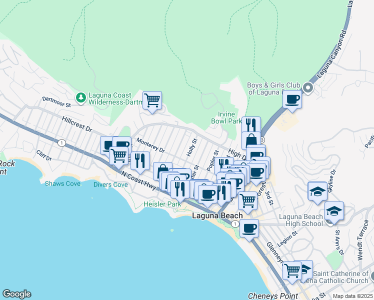 map of restaurants, bars, coffee shops, grocery stores, and more near 451 Holly Street in Laguna Beach