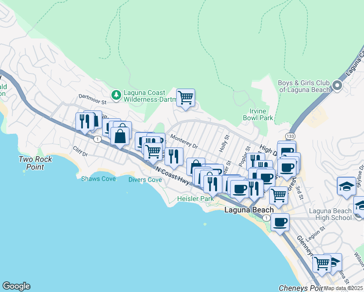 map of restaurants, bars, coffee shops, grocery stores, and more near 369 Hawthorne Road in Laguna Beach