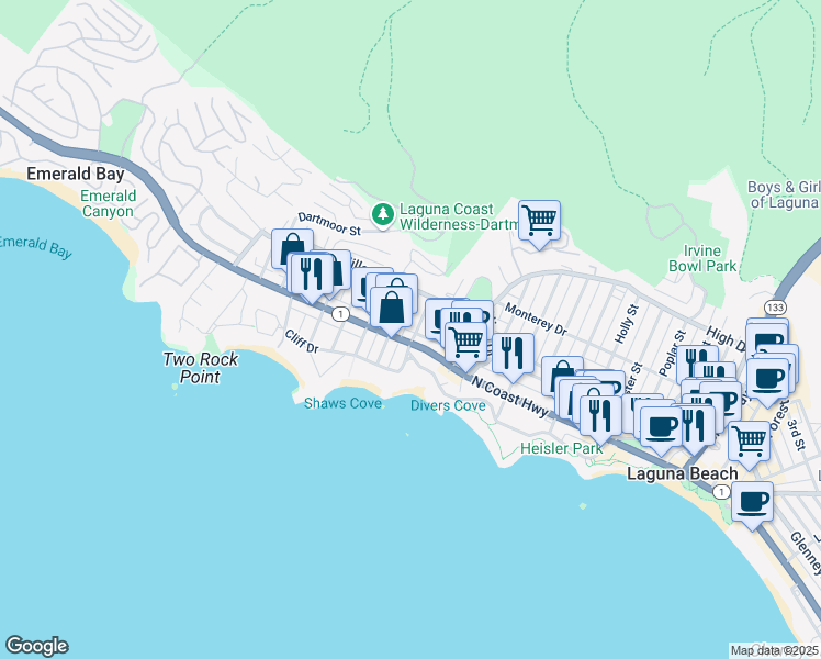 map of restaurants, bars, coffee shops, grocery stores, and more near 217 Wave Street in Laguna Beach