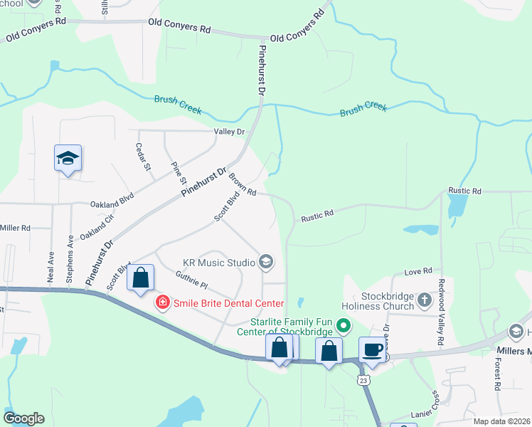 map of restaurants, bars, coffee shops, grocery stores, and more near 420 Charlotte Boulevard in Stockbridge