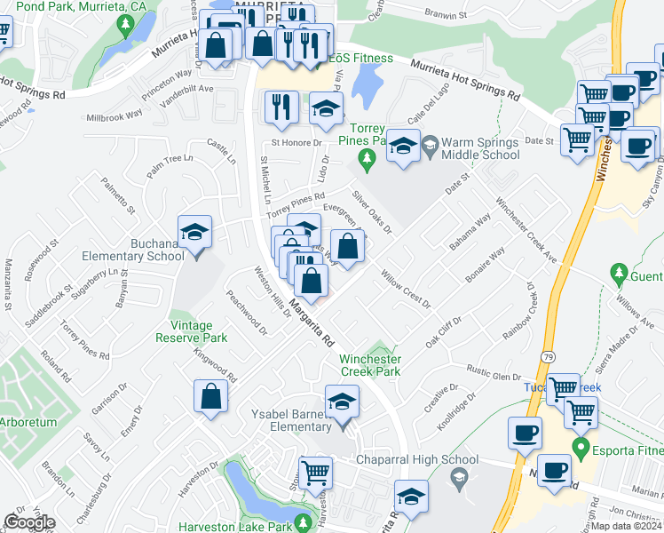map of restaurants, bars, coffee shops, grocery stores, and more near 39723 Clements Way in Murrieta
