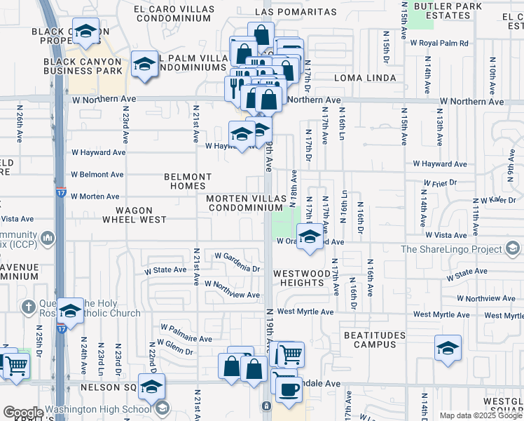map of restaurants, bars, coffee shops, grocery stores, and more near 1825 West Morten Avenue in Phoenix