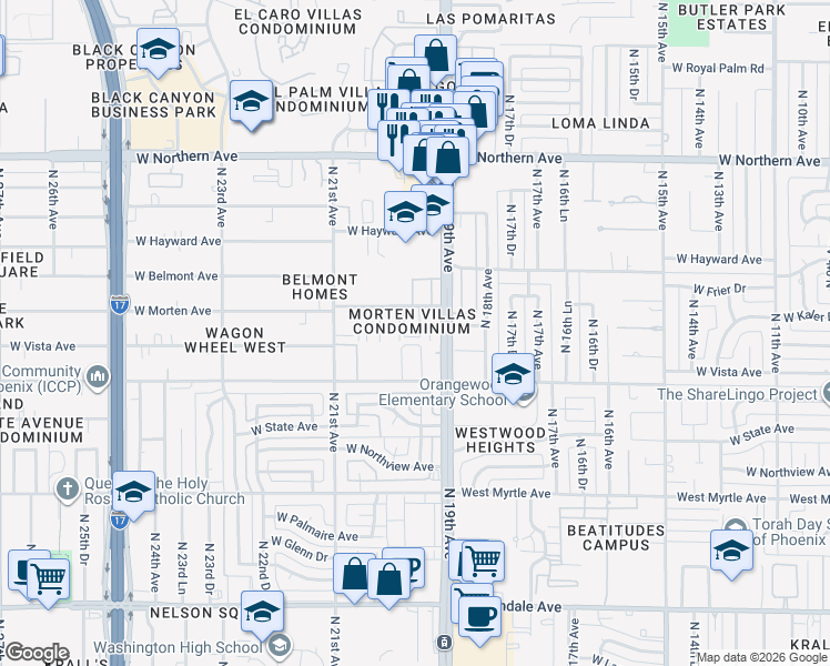 map of restaurants, bars, coffee shops, grocery stores, and more near 1935 West Morten Avenue in Phoenix