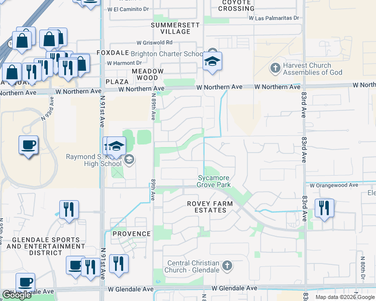 map of restaurants, bars, coffee shops, grocery stores, and more near 7600 North 87th Drive in Glendale