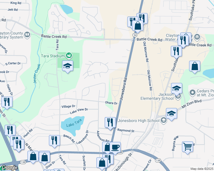 map of restaurants, bars, coffee shops, grocery stores, and more near 7463 Garnet Drive in Jonesboro