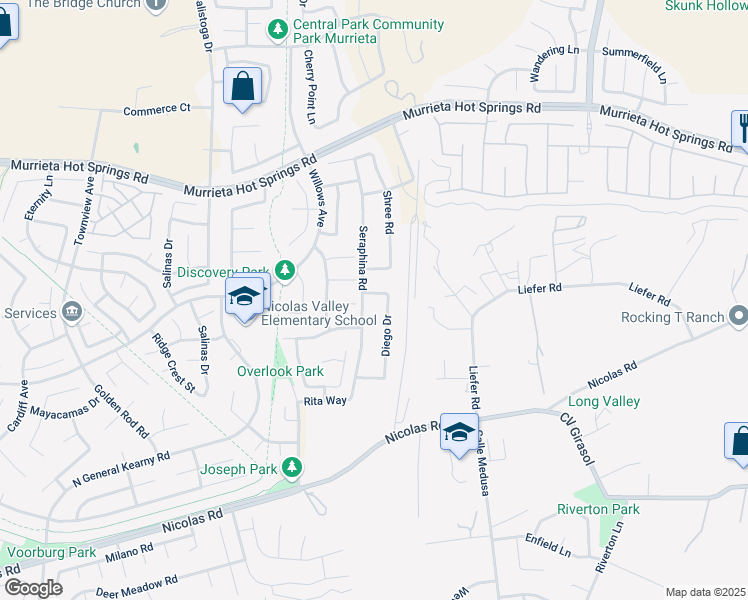 map of restaurants, bars, coffee shops, grocery stores, and more near 30885 Andrews Way in Temecula