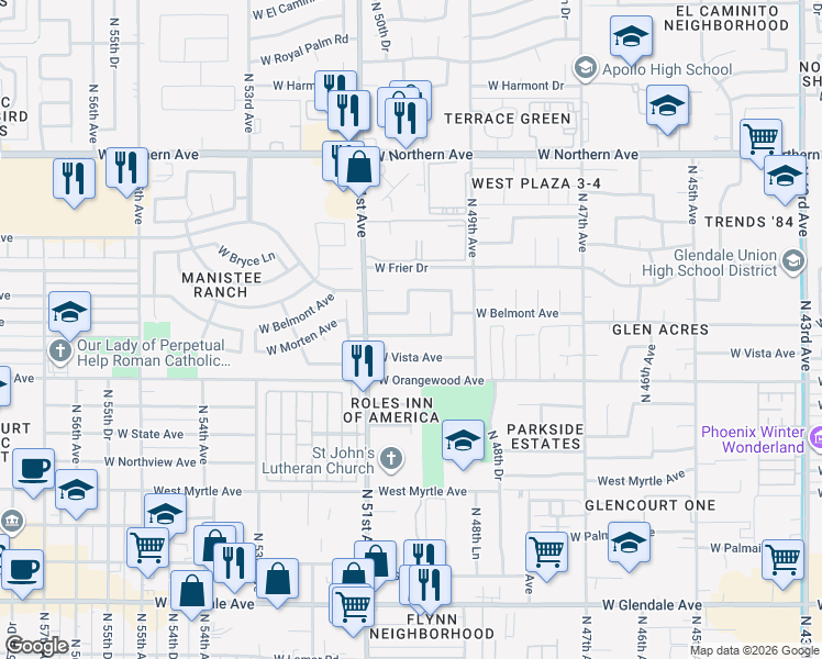 map of restaurants, bars, coffee shops, grocery stores, and more near 5020 West Morten Avenue in Glendale
