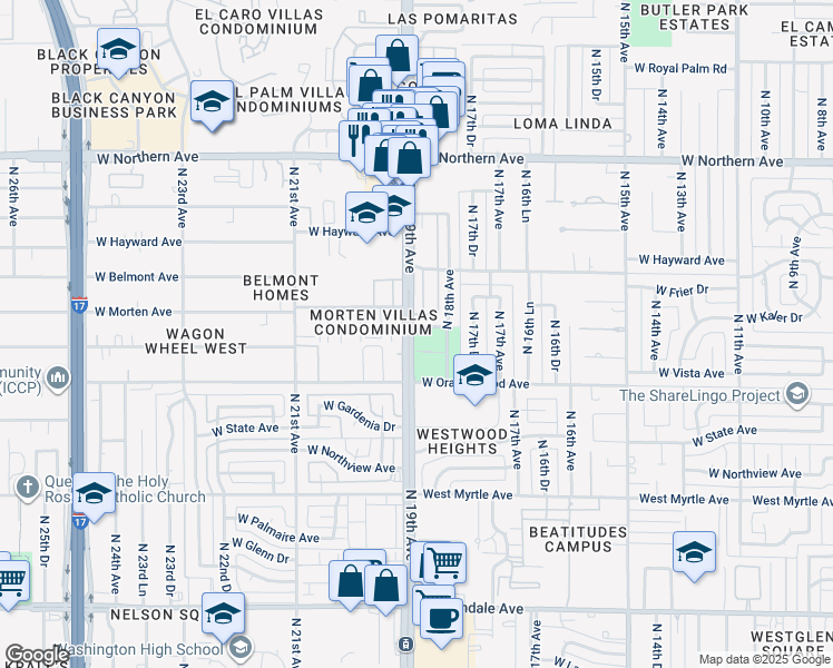 map of restaurants, bars, coffee shops, grocery stores, and more near 1825 West Morten Avenue in Phoenix