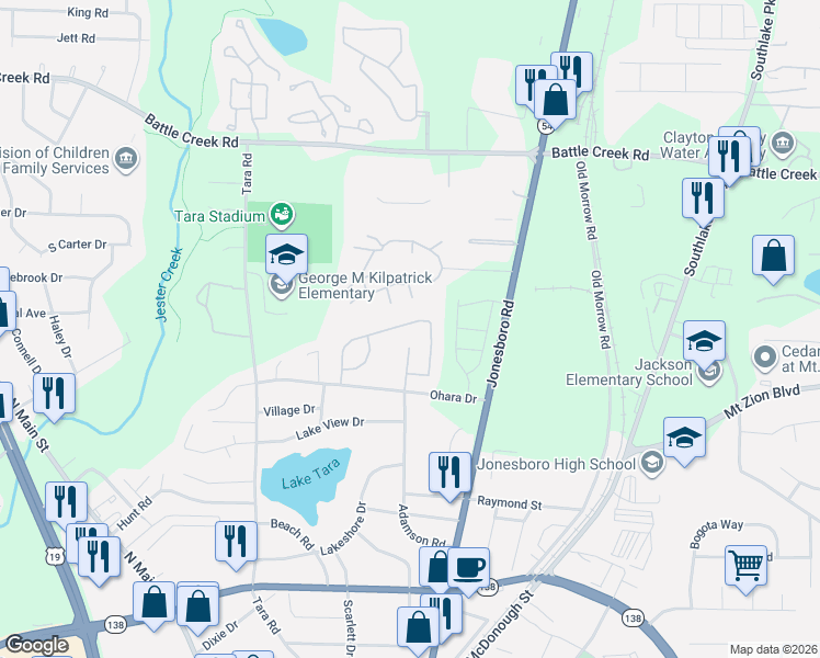 map of restaurants, bars, coffee shops, grocery stores, and more near 7516 Garnet Drive in Jonesboro