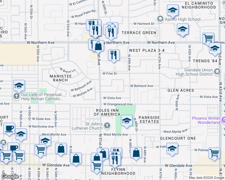 map of restaurants, bars, coffee shops, grocery stores, and more near 5020 West Morten Avenue in Glendale