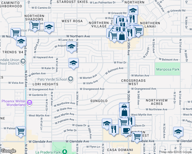 map of restaurants, bars, coffee shops, grocery stores, and more near 3715 West Morten Avenue in Phoenix