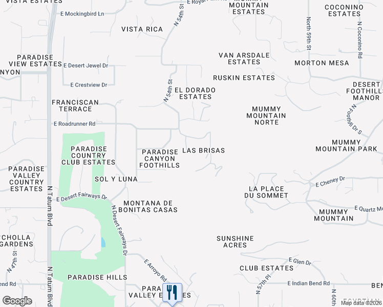 map of restaurants, bars, coffee shops, grocery stores, and more near 5525 East Roadrunner Road in Paradise Valley