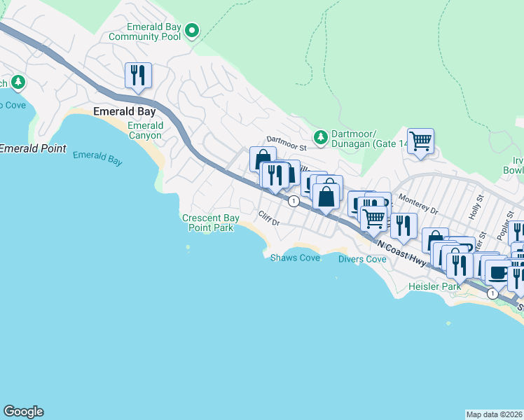 map of restaurants, bars, coffee shops, grocery stores, and more near 1305 Cliff Drive in Laguna Beach