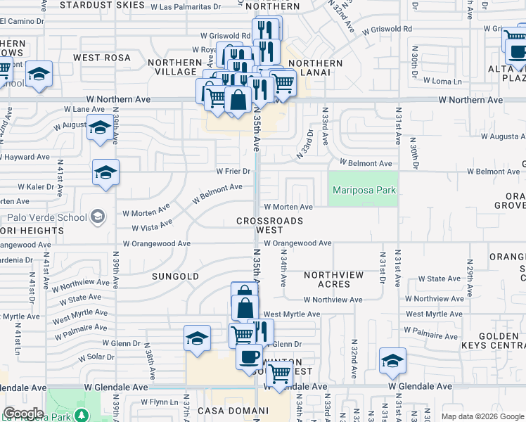 map of restaurants, bars, coffee shops, grocery stores, and more near 3455 West Morten Avenue in Phoenix