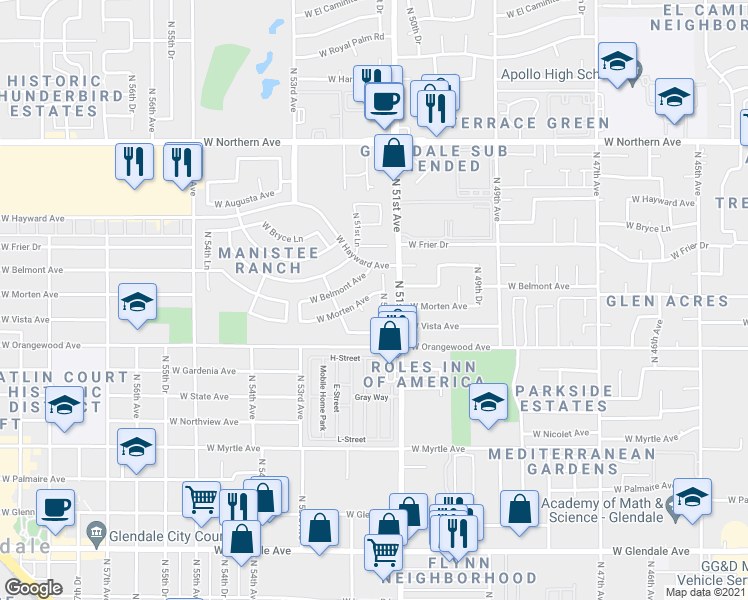 map of restaurants, bars, coffee shops, grocery stores, and more near 5159 West Morten Avenue in Glendale