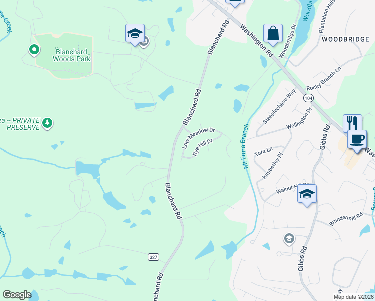 map of restaurants, bars, coffee shops, grocery stores, and more near 693 Low Meadow Drive in Evans