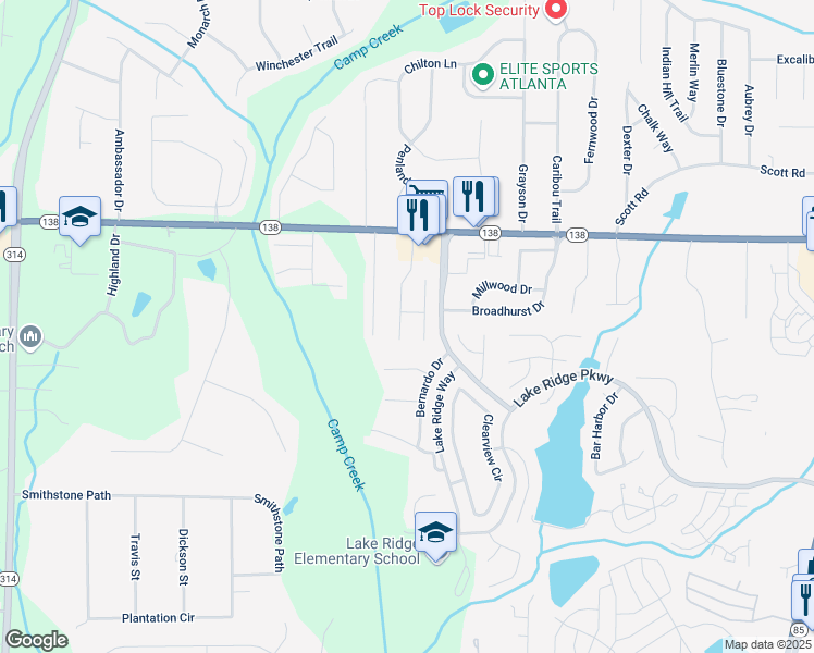 map of restaurants, bars, coffee shops, grocery stores, and more near 7608 Shannon Oak Drive in Riverdale