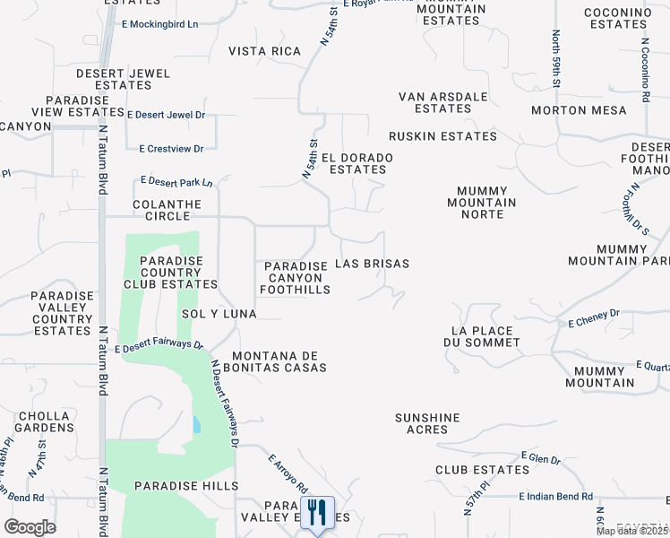 map of restaurants, bars, coffee shops, grocery stores, and more near 5407 East Roadrunner Road in Paradise Valley