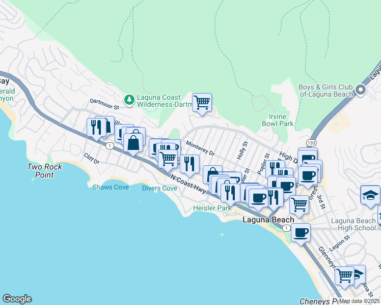 map of restaurants, bars, coffee shops, grocery stores, and more near 369 Hawthorne Road in Laguna Beach