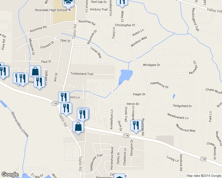 map of restaurants, bars, coffee shops, grocery stores, and more near 169 Antebellum Court in Riverdale
