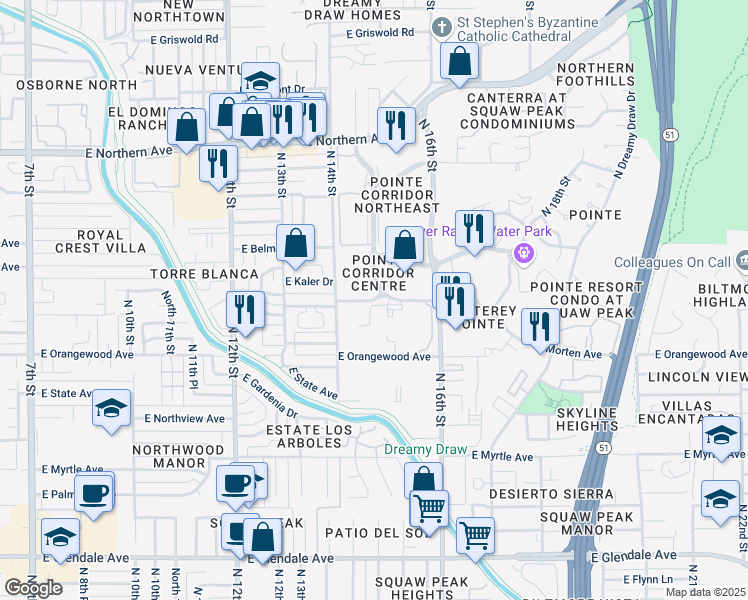map of restaurants, bars, coffee shops, grocery stores, and more near East Morten Avenue in Phoenix
