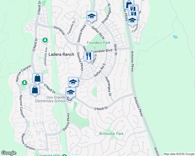 map of restaurants, bars, coffee shops, grocery stores, and more near 31 Saint Mays Road in Ladera Ranch