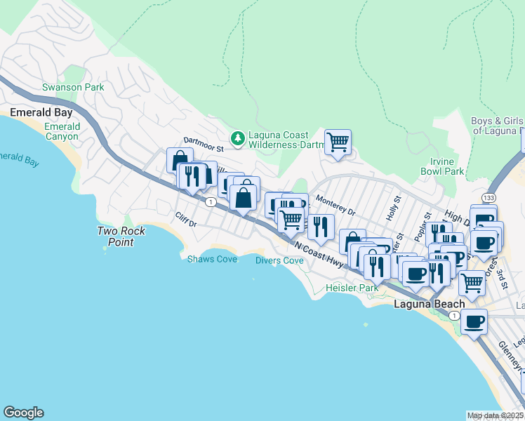 map of restaurants, bars, coffee shops, grocery stores, and more near 235 Beverly Street in Laguna Beach