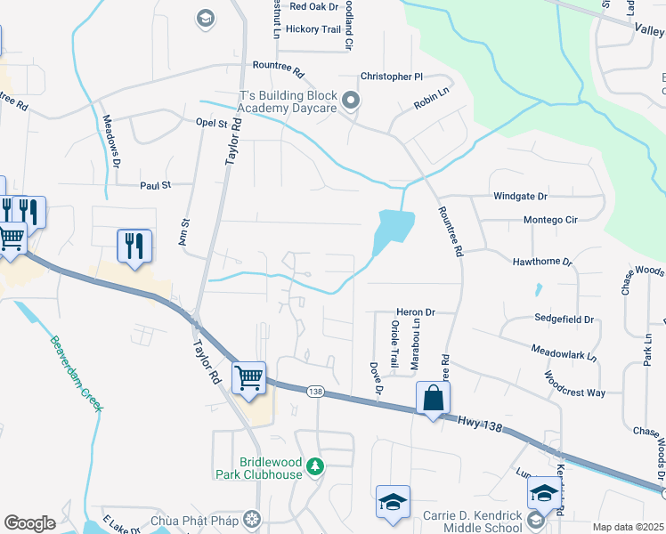 map of restaurants, bars, coffee shops, grocery stores, and more near 195 Antebellum Court in Riverdale