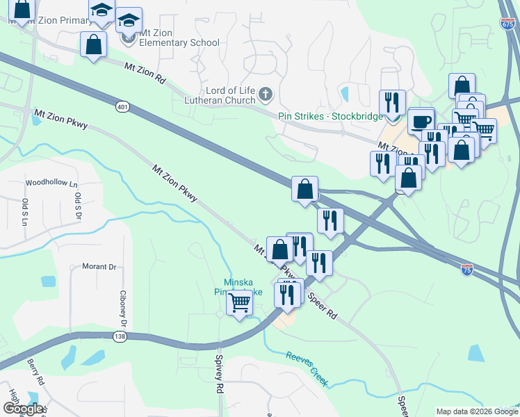 map of restaurants, bars, coffee shops, grocery stores, and more near 4000 Mount Zion Parkway in Stockbridge