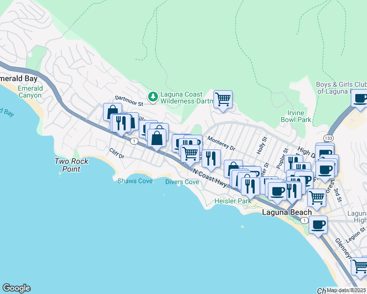 map of restaurants, bars, coffee shops, grocery stores, and more near 263 Grandview Street in Laguna Beach