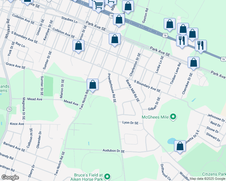 map of restaurants, bars, coffee shops, grocery stores, and more near 1300 Pinehurst Avenue in Aiken