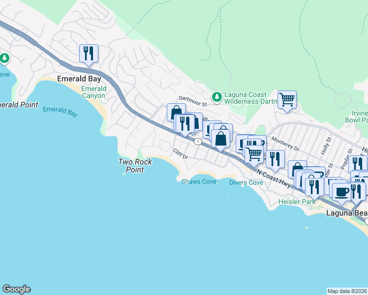map of restaurants, bars, coffee shops, grocery stores, and more near 157 Chiquita Street in Laguna Beach