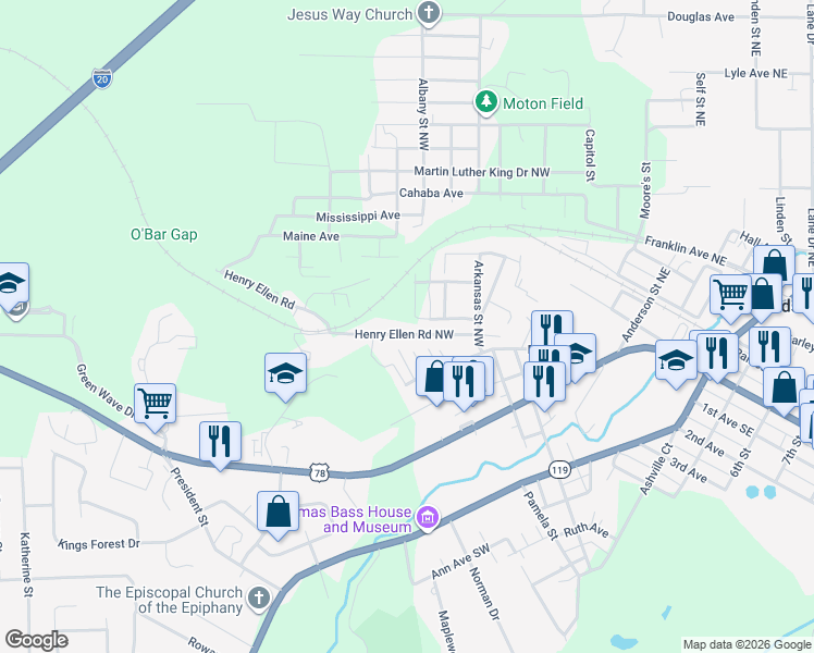 map of restaurants, bars, coffee shops, grocery stores, and more near 7652 Henry Ellen Road Northwest in Leeds