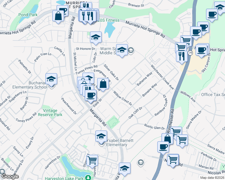 map of restaurants, bars, coffee shops, grocery stores, and more near 33810 Willow Crest Drive in Murrieta