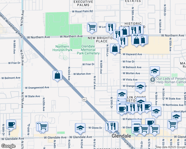 map of restaurants, bars, coffee shops, grocery stores, and more near 7550 North 61st Avenue in Glendale