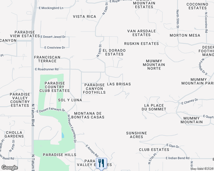 map of restaurants, bars, coffee shops, grocery stores, and more near 5407 East Roadrunner Road in Paradise Valley