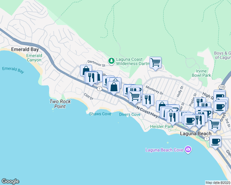 map of restaurants, bars, coffee shops, grocery stores, and more near 217 Wave Street in Laguna Beach