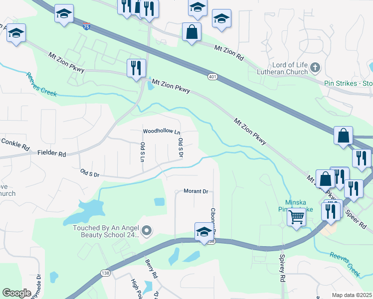 map of restaurants, bars, coffee shops, grocery stores, and more near 2901 Cushing Court in Jonesboro