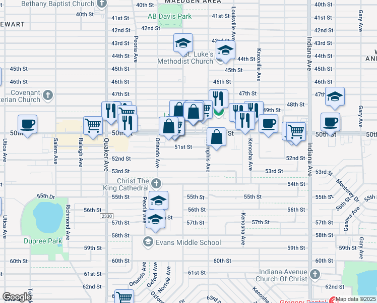 map of restaurants, bars, coffee shops, grocery stores, and more near 3813 51st Street in Lubbock