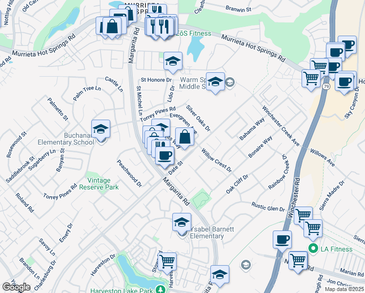map of restaurants, bars, coffee shops, grocery stores, and more near 39684 Tamarisk Street in Murrieta
