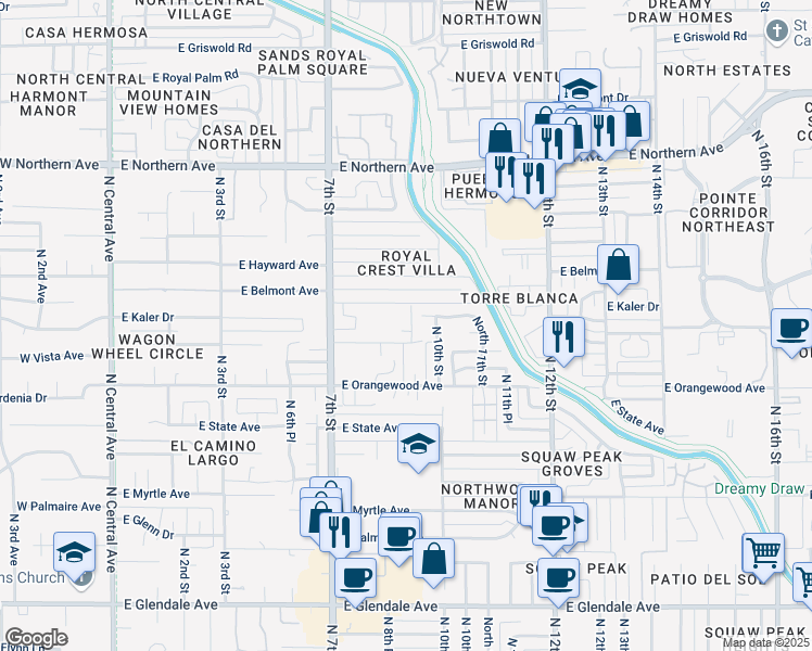 map of restaurants, bars, coffee shops, grocery stores, and more near 814 East Circle Road in Phoenix