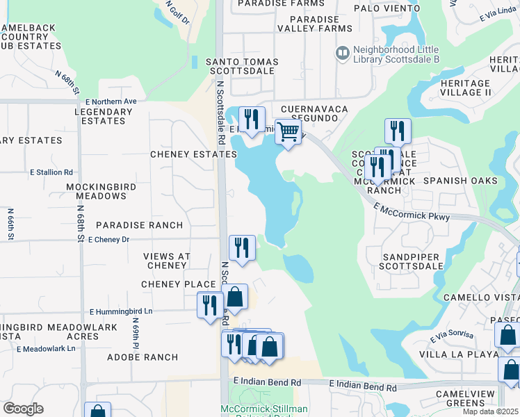 map of restaurants, bars, coffee shops, grocery stores, and more near 7421 North Scottsdale Road in Scottsdale