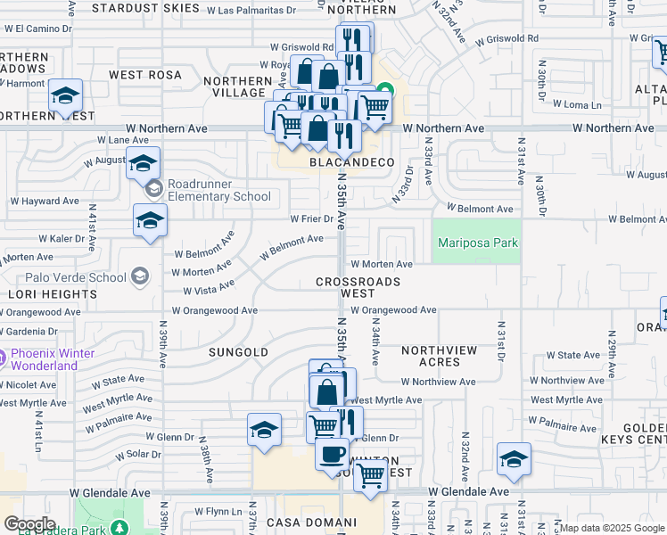 map of restaurants, bars, coffee shops, grocery stores, and more near 3455 West Morten Avenue in Phoenix