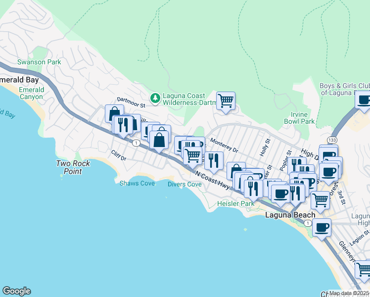 map of restaurants, bars, coffee shops, grocery stores, and more near 263 Grandview Street in Laguna Beach