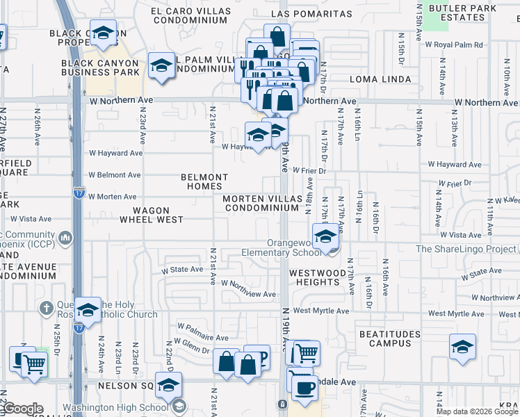 map of restaurants, bars, coffee shops, grocery stores, and more near 1935 West Morten Avenue in Phoenix