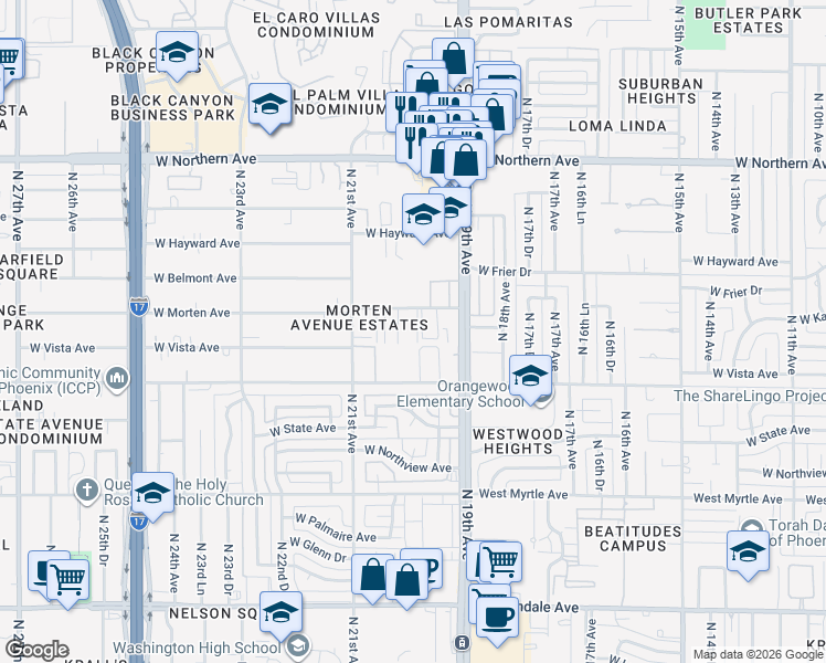 map of restaurants, bars, coffee shops, grocery stores, and more near 1941 West Morten Avenue in Phoenix