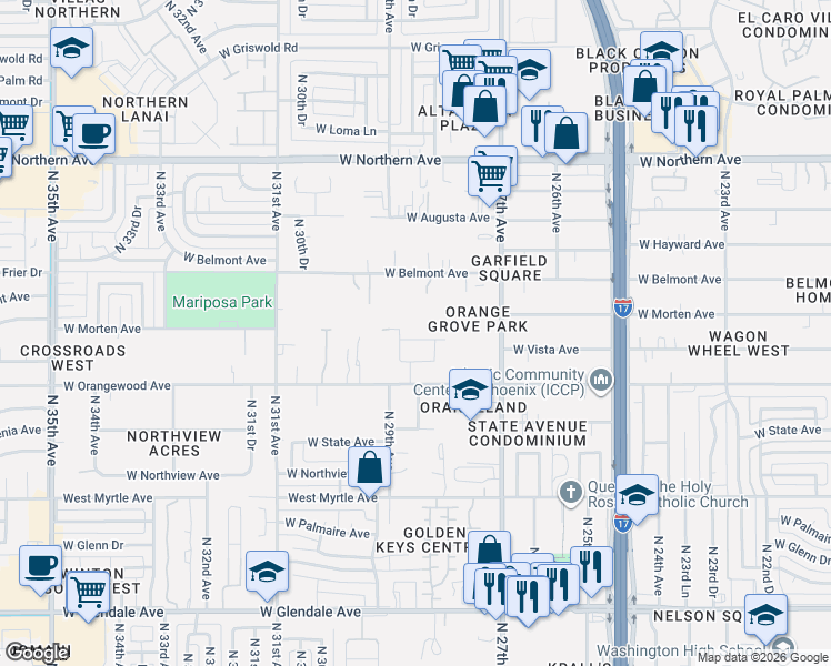 map of restaurants, bars, coffee shops, grocery stores, and more near 2834 West Morten Avenue in Phoenix
