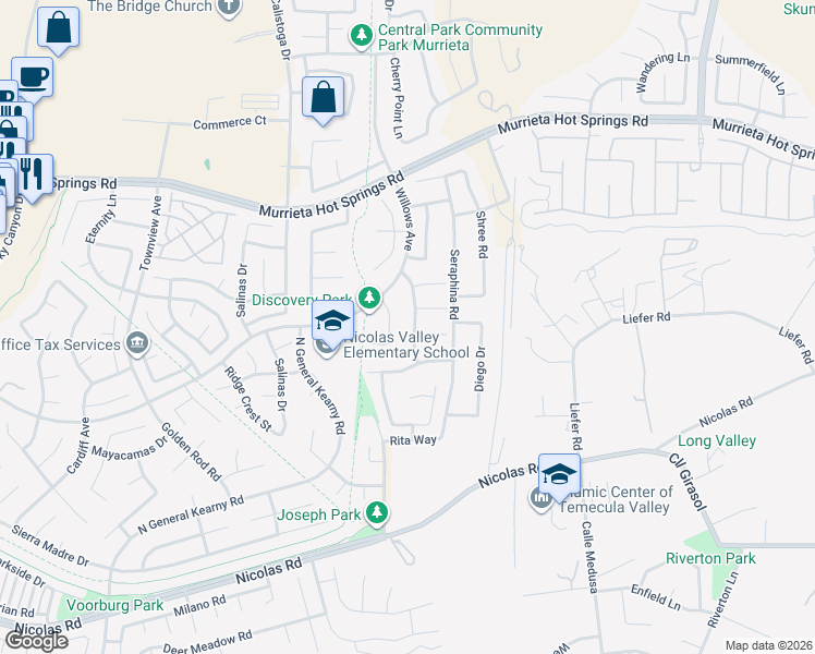 map of restaurants, bars, coffee shops, grocery stores, and more near 39412 Checker Court in Murrieta