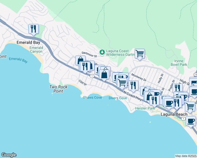map of restaurants, bars, coffee shops, grocery stores, and more near 1027 North Coast Highway in Laguna Beach